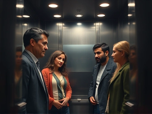 A modern, slightly cramped elevator interior with a few diverse individuals subtly avoiding eye contact, capturing the feeling of social discomfort and personal space invasion, soft lighting, focus on body language, with a philosophical undertone.