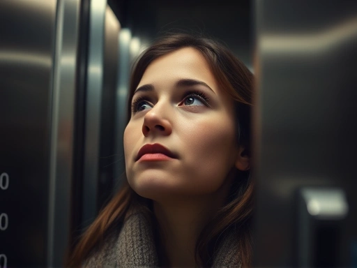 Close-up shot of a thoughtful individual in an elevator, their gaze directed slightly upward or at the floor numbers, conveying a sense of introspection and quiet coexistence amidst shared space, with subtle details of elevator buttons and a reflective mood.