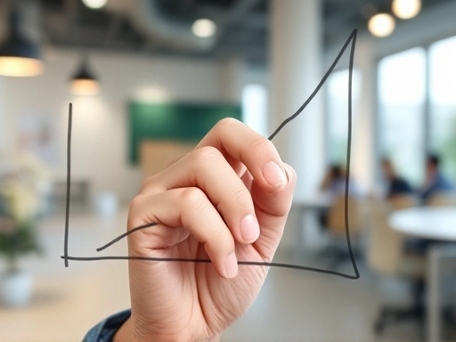 A close-up of a hand drawing a growth curve on a whiteboard, with abstract lines representing challenges and learning, symbolizing an employee's continuous development and the philosophy of overcoming obstacles for professional growth. The setting is a professional workplace.