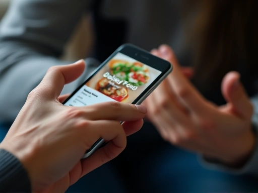 Close-up of a hand holding a smartphone showing a delayed food delivery app, but the person's other hand is gently resting, indicating tranquility and detachment, soft lighting, focus on serenity.