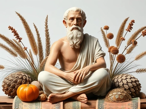 An ancient Greek philosopher, Epicurus, is sitting calmly amidst simple, natural elements, symbolizing contentment with basic desires and minimal possessions, reflecting financial peace.