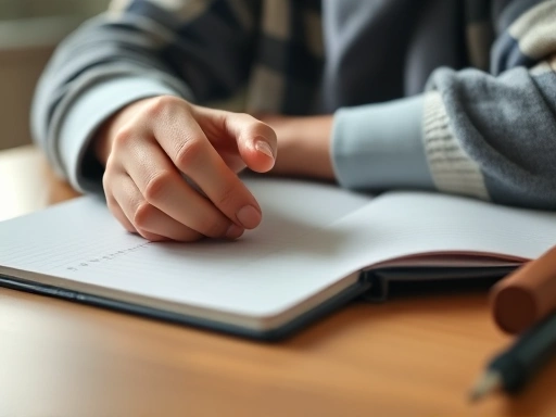 Close-up shot of a student's hands resting on a desk with a notebook, conveying a sense of calm reflection after deep thought. Show subtle light and a peaceful atmosphere. Keywords: overcoming exam anxiety, Epictetus, calm mindset.