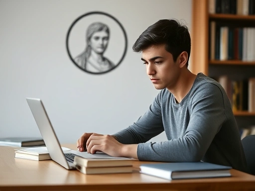 A focused student calmly studying at a desk, surrounded by books and a laptop, with a subtle stoic philosophy symbol in the background. Emphasize concentration and a peaceful learning environment. Keywords: exam anxiety, stoicism, studying.