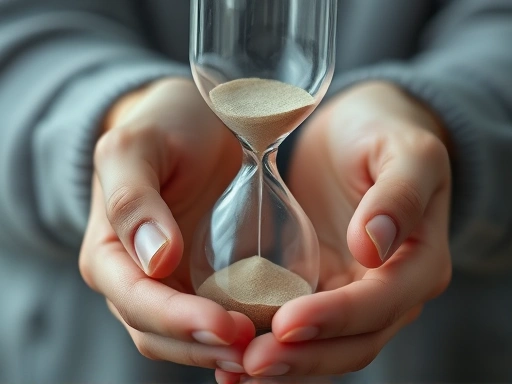 Close-up of hands gently holding an hourglass, with sand flowing, symbolizing the passage of time and finitude. The background is blurred, focusing on the existential meaning of time and mortality.