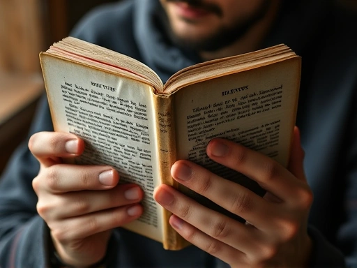 A close-up shot of hands holding an old philosophical book, with a blurred background of a thoughtful individual, emphasizing introspection, knowledge, and the journey of self-discovery, with a focus on historical text and personal growth.