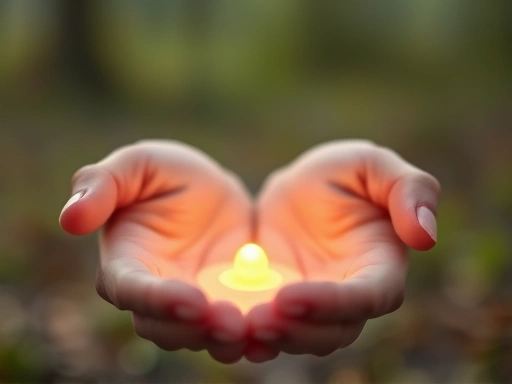 A close-up of a person's hands gently holding a small, glowing light, symbolizing the preciousness of the present moment, with soft, out-of-focus background of nature, emphasizing mindfulness and connection to the immediate environment.