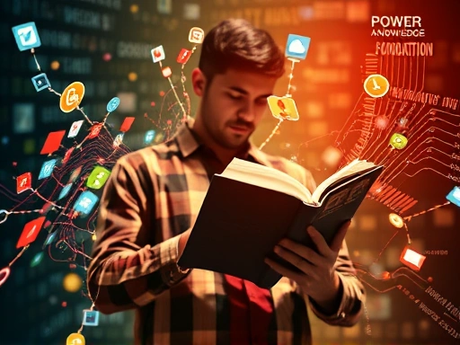 A person critically reading diverse media content on a tablet and books, surrounded by swirling digital information streams, symbolizing media literacy in an era of information overload, with subtle abstract elements of power and knowledge concepts in the background.