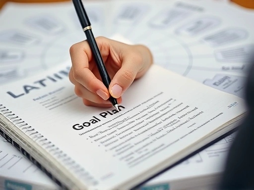 Close-up of a person's hand writing down a detailed goal plan in a notebook, with a pen, surrounded by blurred diagrams or mind maps related to Aristotelian teleology and practical steps, highlighting the actionable aspect of goal achievement.
