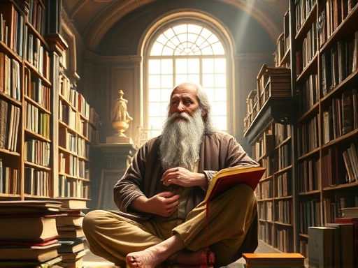 An ancient philosopher, similar to Spinoza, meditating in a serene, sunlit library, surrounded by old books, symbolizing profound thought and understanding of joy and perfection in the pursuit of gratitude.