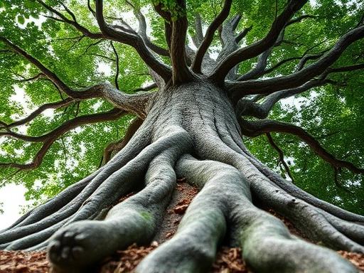 A close-up of a tree with strong roots reaching deep into the earth and branches extending towards the sky, symbolizing personal growth, self-actualization, and philosophical foundations. Detailed texture of bark and leaves.