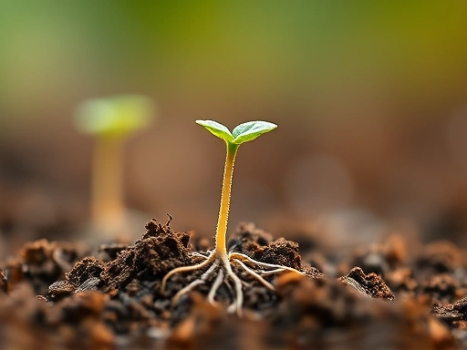 Close-up view of a small seed sprouting from rich soil, with delicate roots growing downwards and a tiny green shoot emerging upwards, symbolizing natural growth, patience, and the right timing for development. The background is blurred to emphasize the seedling. (SEO: seed, growth, patience, timing, nature, sprouting)