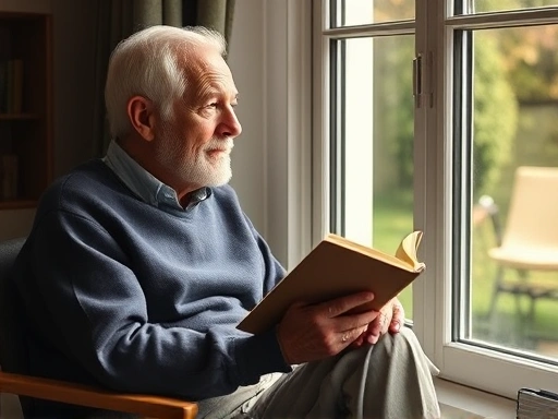 A thoughtful person in their later years, sitting by a window, contemplating life with a book in hand, sunlight filtering through, conveying a sense of serene reflection on existence and time, including Heideggerian concepts.