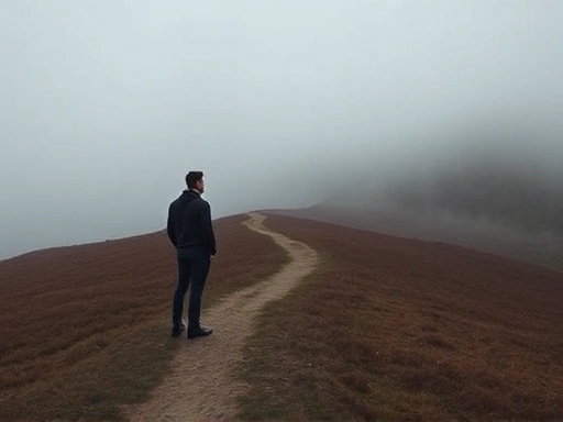 A person standing alone in a vast, misty philosophical landscape, looking thoughtfully at a winding, undefined path, symbolizing existential inquiry and the concept of 