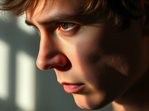 Close-up of a thoughtful person's face, slightly shadowed, with a blurred background of abstract light and shadow, representing the internal process of confronting one's Dasein and seeking ontological direction.