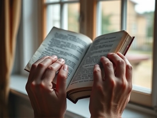 Close-up of hands gently holding a worn book by a window, blurred background of a peaceful home, symbolizing existential peace and thoughtful solitude.