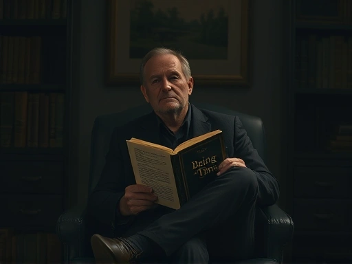 An introspective man sits quietly in a dimly lit, minimalist study, holding an old book titled 