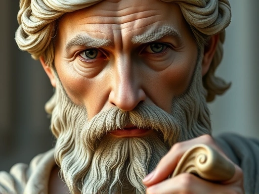 Close-up of a contemplative ancient Greek philosopher, reminiscent of Heraclitus, with a thoughtful expression, perhaps holding a scroll, emphasizing deep understanding of change and order.