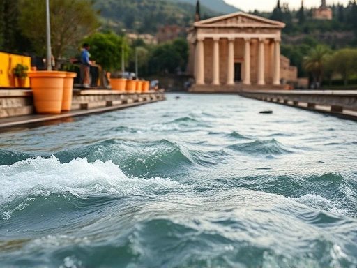 A serene river flowing, symbolizing continuous change, with ancient Greek ruins subtly in the background, representing the unchanging Logos that governs the flow. Focus on nature's dynamic harmony.