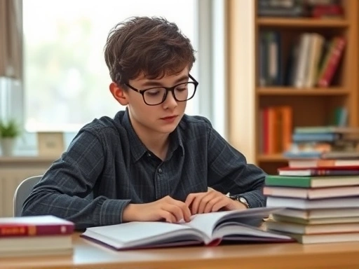 A calm high school student studying at a tidy desk, surrounded by books, a soft light, illustrating focus and peace amidst exam pressure, symbolizing the application of stoic principles to study.
