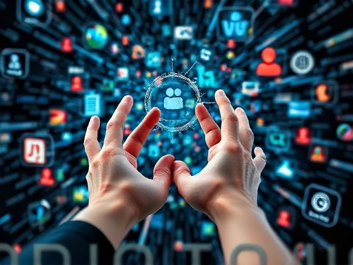 Close-up of hands reaching into a chaotic, swirling cloud of digital information, trying to grasp a single clear piece, representing the challenge of discernment and critical thinking amidst information overload.