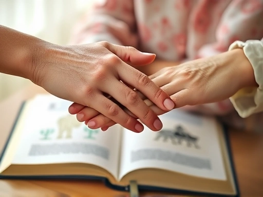 Close-up on an older woman's hand gently clasping a younger woman's hand, symbolizing understanding and connection in a mother-in-law relationship, with a blurred background showing an open book displaying philosophical symbols from both Eastern and Western traditions. Keywords: empathy, wisdom, relationship growth, mutual respect.