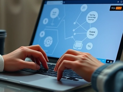 Close-up of hands typing on a laptop, with philosophical symbols or an abstract representation of self-creation overlayed on the screen, showing active engagement and empowerment in the job search.