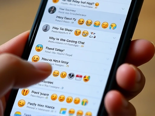 A close-up of a smartphone screen showing a busy group chat with many unread messages and various emojis, conveying a sense of overwhelming digital noise and the pressure to respond. Focus on the screen and subtle hand gestures.