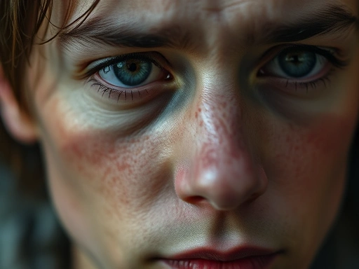 Close-up of a thoughtful person's face, a hint of concern in their eyes, with subtle, ethereal light effects suggesting deep introspection and the abstract nature of freedom, introspection, dread, freedom, philosophical thought.