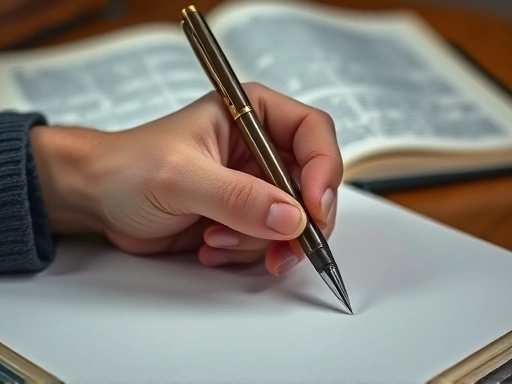 A close-up of a hand holding a pen, poised over a blank journal page, with blurred philosophical texts in the background, symbolizing the act of existential decision and self-reflection. The lighting is soft, emphasizing contemplation and personal choice.