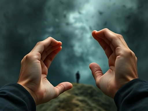 A close-up shot of hands making a firm, decisive choice, perhaps reaching for a single path amidst a swirling, uncertain background, symbolizing an existential leap and personal commitment despite dread, focusing on the act of decision.