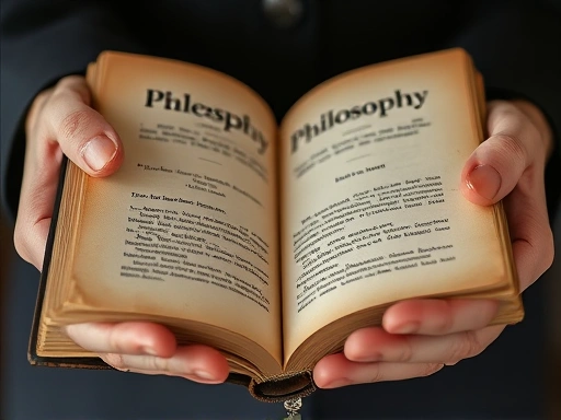 A close-up of hands holding a worn, classic philosophy book, with faint outlines of a wedding ring on one finger, symbolizing the intersection of existential thought and personal commitment. The book's pages are slightly yellowed, indicating depth and history. Keywords: philosophy book, wedding ring, existential thought, personal commitment, introspection.