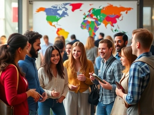A diverse group of people from different cultures engaged in conversation and sharing ideas in a vibrant, international setting, symbolizing the expansion of worldviews through language. Focus on communication and connection.