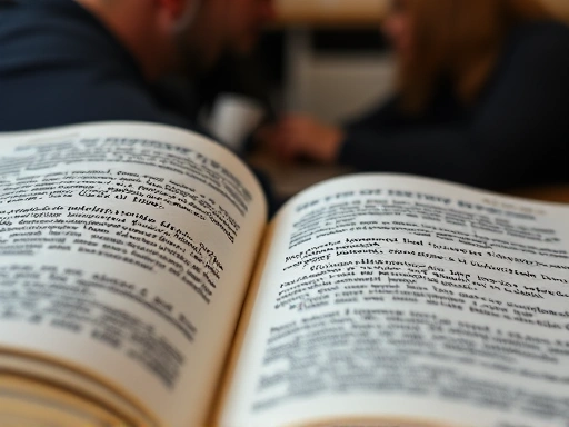 Close-up of an open book with abstract lines of text in multiple languages, with a blurred background showing subtle human interaction, representing the deep connection between language, meaning, and a broader understanding of human experience.