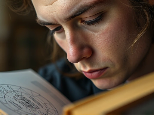 Close-up of a thoughtful person contemplating a complex philosophical diagram or a book, showing an expression of understanding and peace, subtly incorporating abstract elements of balance and optimism, focusing on the connection between thought and positive outlook.