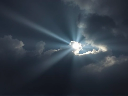 A close-up shot of a single ray of light breaking through a dark, cloudy sky, symbolizing hope and clarity emerging from the depths of depression and meaninglessness.