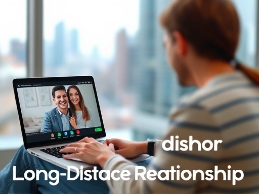 A couple maintaining a long-distance relationship, one person on a video call on a laptop, the other looking at the screen, with a blurred cityscape background, symbolizing connection across distance, focusing on the emotional bond of a long-distance relationship.