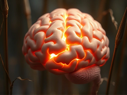 Close-up of a human brain with light emanating, surrounded by fragile reeds, symbolizing the power of thought and resilience amidst vulnerability.