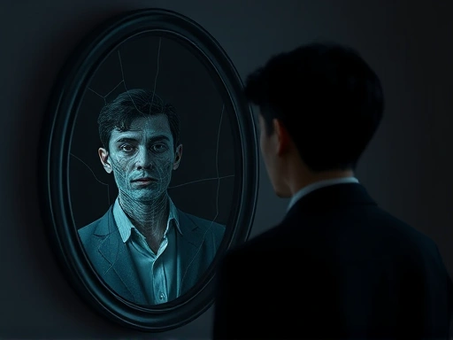 A surreal artistic representation of a person looking at their reflection in a fragmented mirror, with digital patterns overlaying the reflection, symbolizing metaverse identity and Lacan's Imaginary concept.