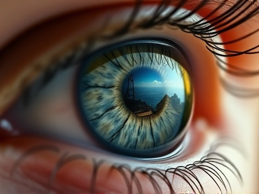 Close-up shot of a stylized human eye reflecting a complex digital landscape, illustrating the philosophical depth of virtual reality and the Lacanian mirror stage.