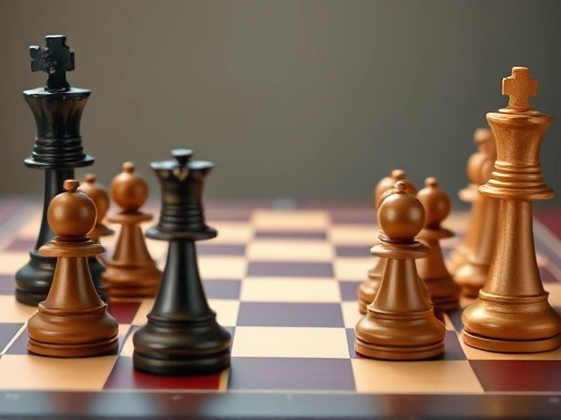 A strategic chessboard with chess pieces representing power dynamics and negotiation tactics, reflecting the Machiavellian approach to conflict resolution. Focus on the tactical board game. Use negotiation skills, Machiavelli, strategy, chess. 