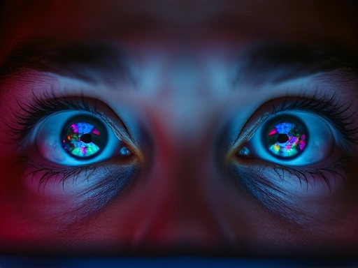 Close-up of a person's eyes, wide and fixated on a glowing screen, with abstract, colorful patterns reflecting in their pupils, symbolizing the allure of hyperreality and the experience of escapism through digital media, implying over-immersion.
