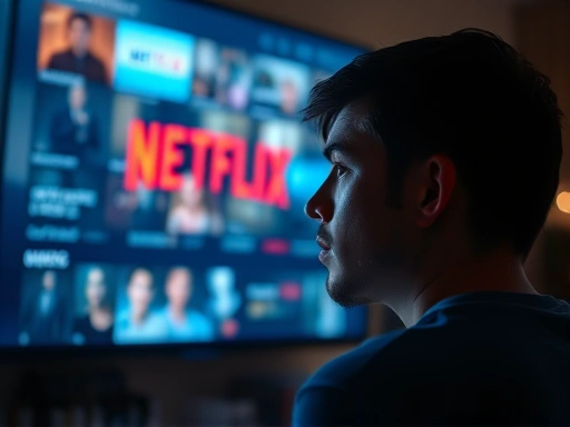 A person is deeply engrossed in watching Netflix on a large screen, with various glowing images reflecting on their face, surrounded by a subtle, almost dreamlike blurring effect suggesting a blend of reality and digital space, focusing on the concept of simulacra.