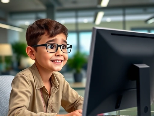 A bright-eyed new employee, named Dewy, on their first day at a modern, collaborative office, looking at a computer screen with a mix of excitement and slight nervousness, symbolizing the beginning of their professional journey. The image should convey a sense of learning and potential.