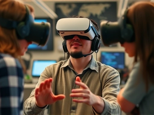 A person is actively engaged in a hands-on learning environment, surrounded by modern technology like VR headsets and coding screens, symbolizing experiential learning with a focus on Dewey's philosophy.