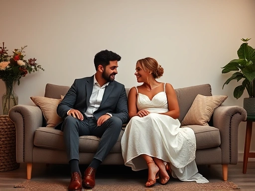 A serene newlywed couple sits on a cozy couch, engaged in deep, harmonious conversation, with a subtle, stylized representation of Aristotle's philosophy book in the background, conveying friendship and love.