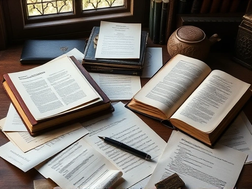 A philosopher's desk with scattered papers, a pen, and an old book, evoking deep thought and creative writing, with an intellectual atmosphere and strong SEO keywords like 'philosophy', 'creative writing', and 'deep thought'.