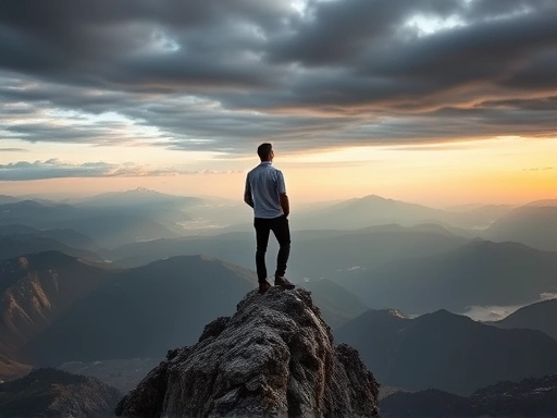 A person standing tall on a mountain peak, looking at a vast horizon, symbolizing overcoming challenges and achieving self-mastery, with a dramatic sky. Nietzsche, Übermensch.