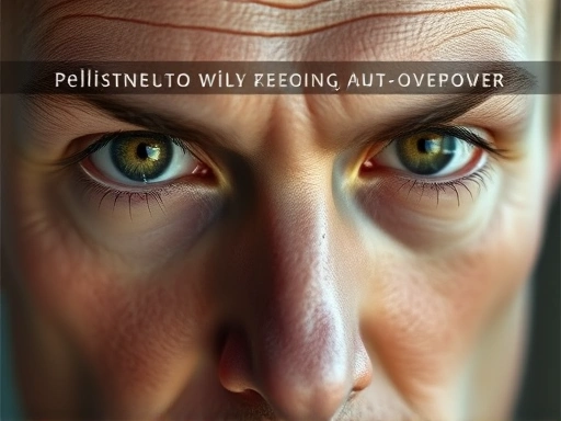 Close-up of a determined person's eyes, reflecting inner strength and resilience, with subtle philosophical symbols in the background. Self-overcoming, will to power.