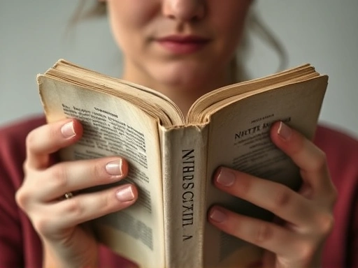 A close-up of a person's hands holding a worn book, with a thoughtful, serene expression on their face, symbolizing deep philosophical reflection and inner peace gained from embracing life's journey. Nietzsche, self-reflection, inner strength.