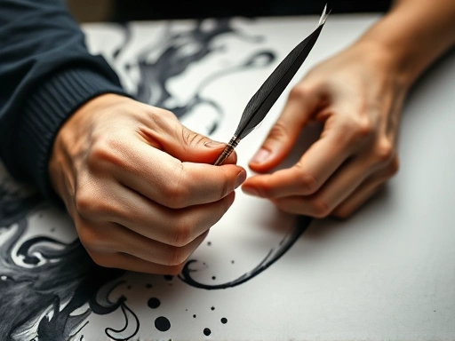A close-up shot of an abstract representation of unique expression, possibly a dynamic swirl of ink on paper or intertwined hands holding a quill, symbolizing individual style and creative flow with SEO keywords 'unique expression' and 'style theory'.